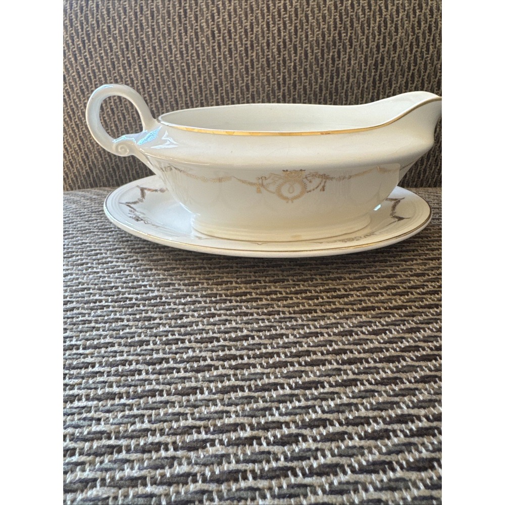 Edwin Knowles Gravy Boat & Plate Adams‎ Gold Swag Design Vintage 1940s